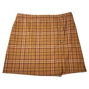 Women's LOFT Outlet Petite Plaid Brown Skirt 14 P 90's Look Style Button Details